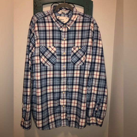 Men’s blue & red plaid button down American eagle shirt athletic fit xxl - Picture 1 of 4